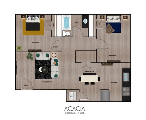 Floor plan for 2 beds, 1 bath, 1008 sqft